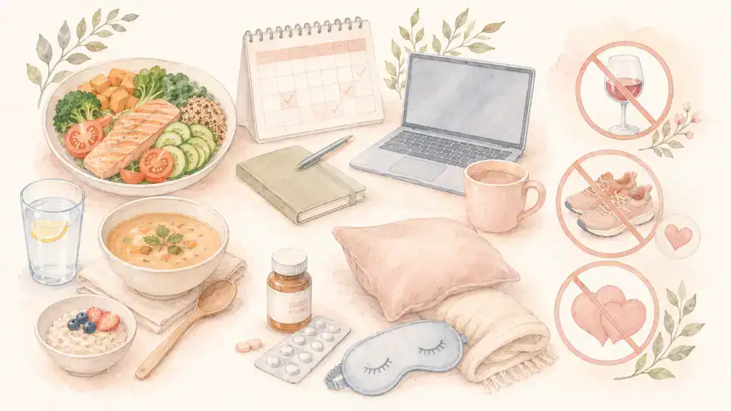 取卵前後生活照護示意圖，整理飲食補水、上班安排、休息、用藥與避免酒精和劇烈運動等注意事項。