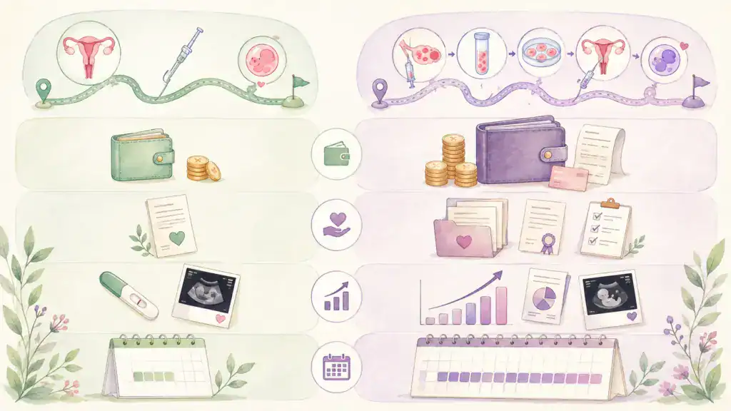 人工受孕多次未成功後重新評估試管嬰兒時機的示意圖。