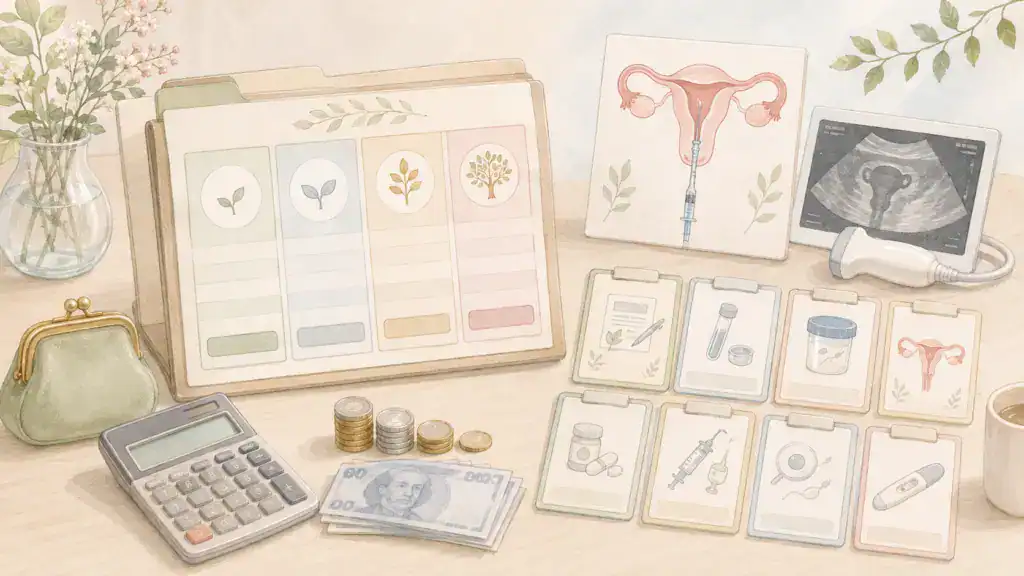 人工受孕費用區間與單項收費示意,呈現檢查、用藥、授精、驗孕與整體預算規劃。