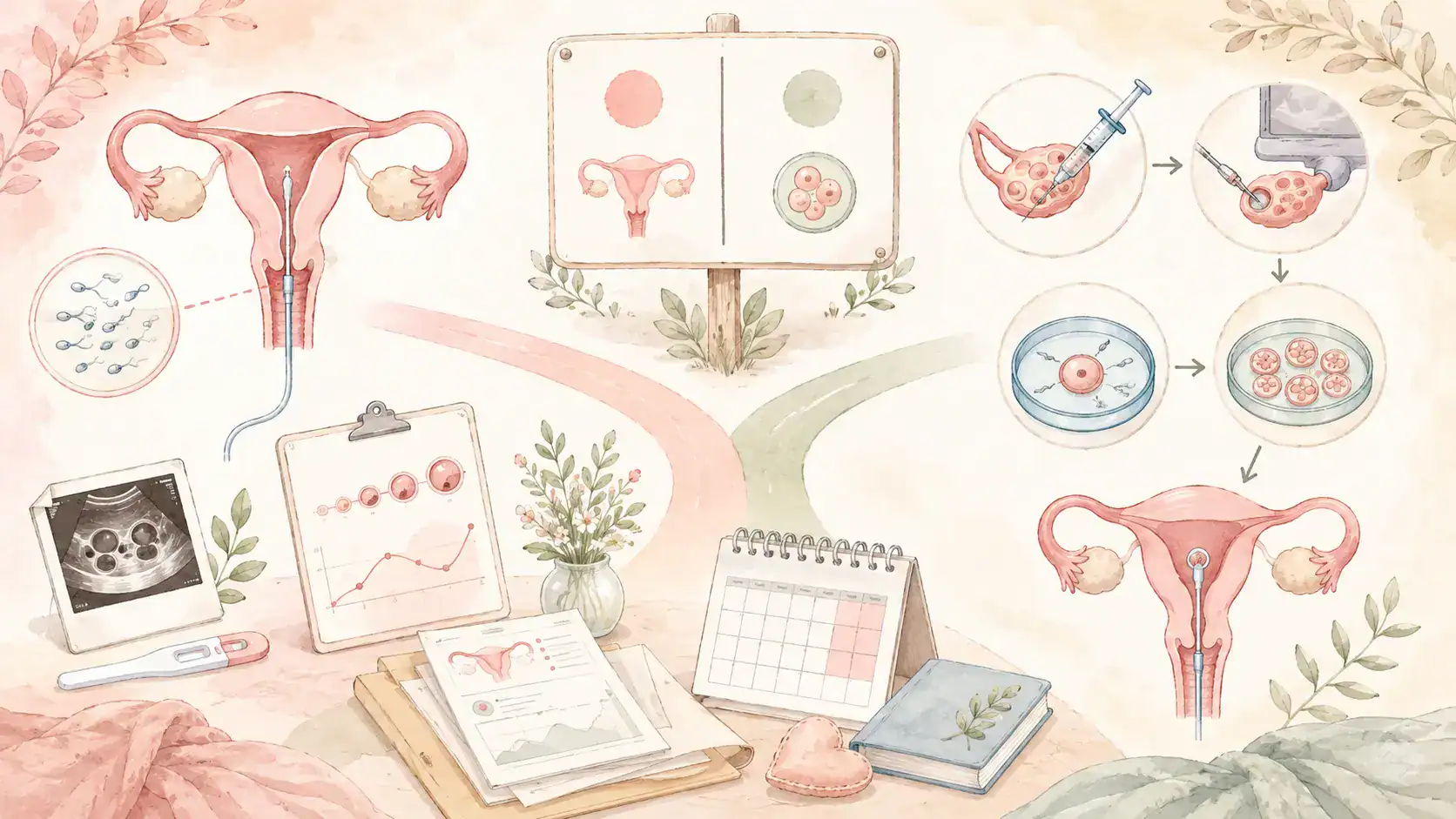 人工受孕與試管嬰兒差異示意，呈現 IUI 體內授精與 IVF 體外受精培養的不同。