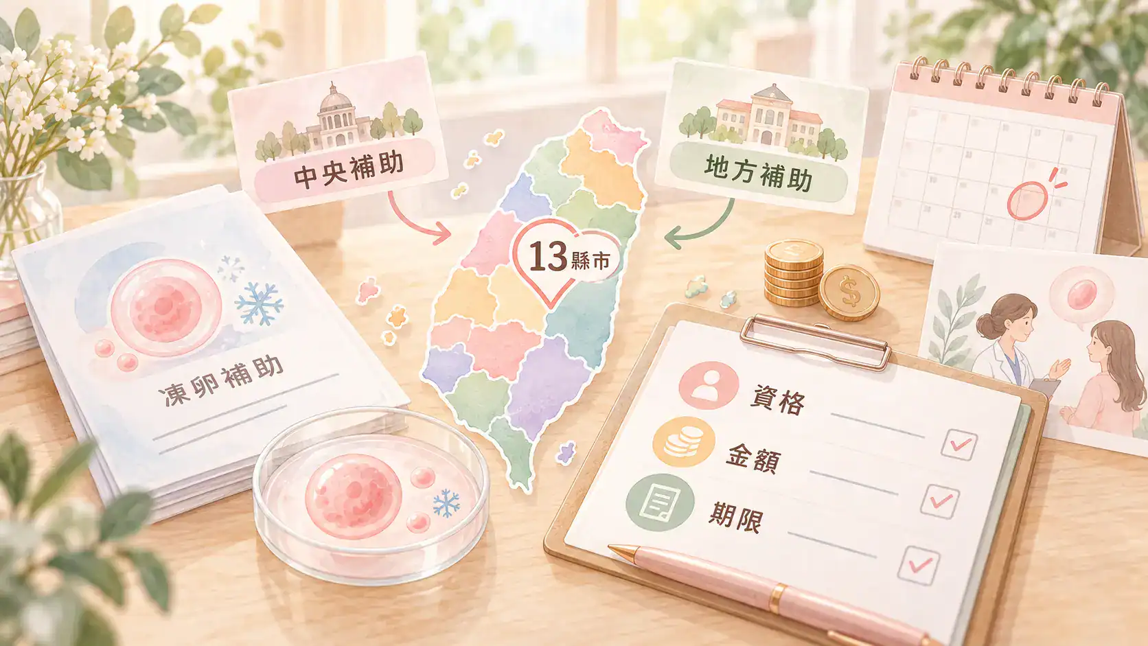 2026凍卵補助重點整理，包含中央醫療性生育保存補助與13縣市申請資格、金額和期限