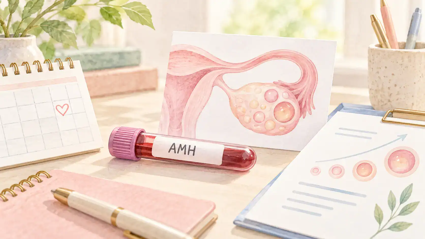 AMH 檢查與卵巢功能評估，包含抽血檢體、卵巢濾泡、報告、月曆與生育規劃