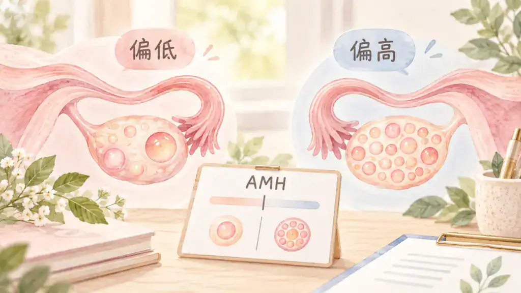 AMH 值偏低與偏高對照,呈現不同卵巢濾泡數量與檢查報告判讀概念