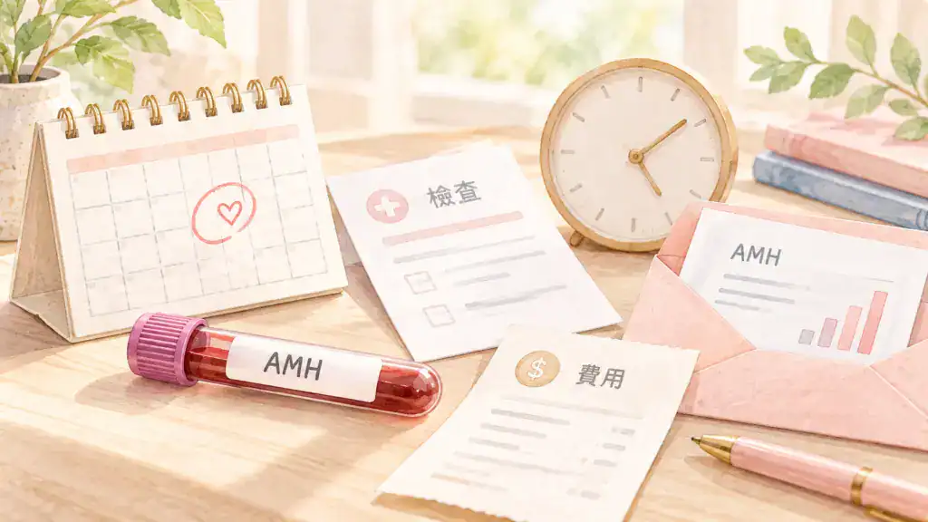 AMH 檢查安排,包含抽血檢體、月曆、檢查資料、報告信封與費用資訊