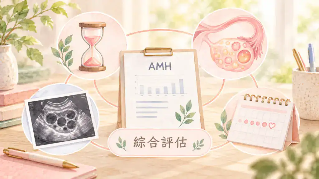 AMH 綜合評估,包含卵巢、超音波、月經週期、年齡與檢查結果整合判讀