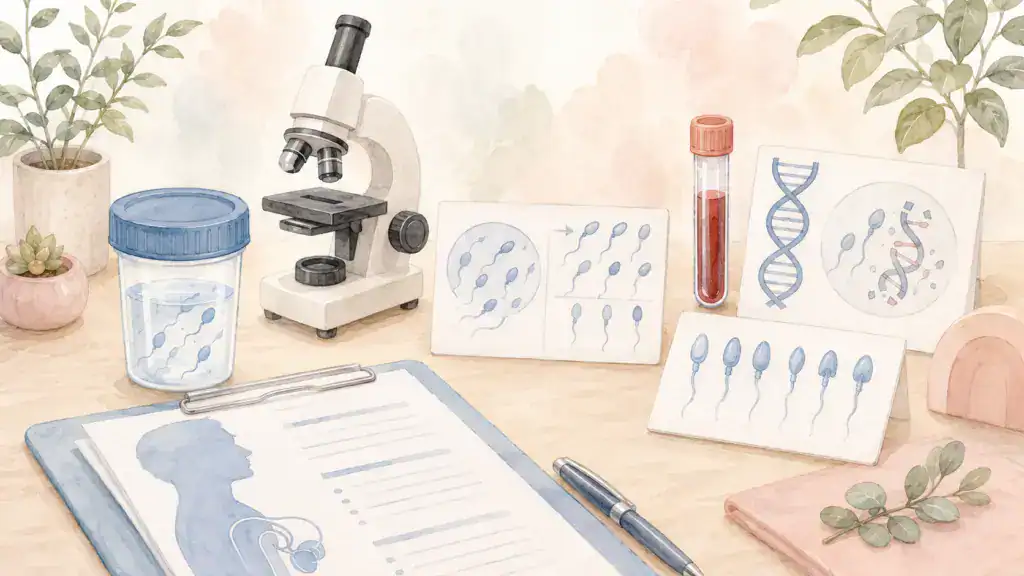 男性不孕症檢查插畫，包含精液檢體、顯微鏡、抽血試管與精子分析圖示，呈現男性生育功能評估情境。