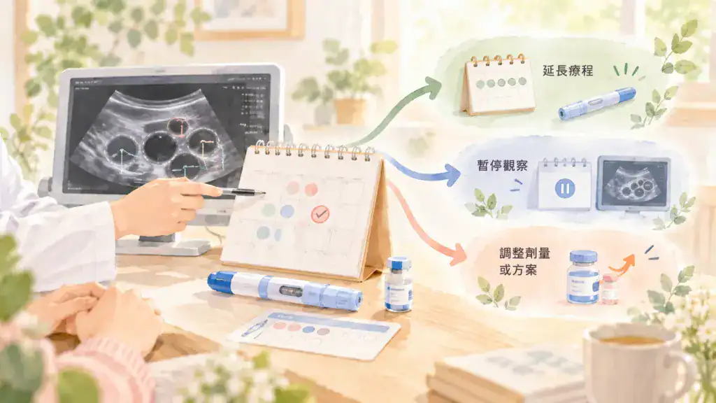 卵泡反應與凍卵療程調整，包含超音波追蹤、延長療程、暫停觀察與用藥方案