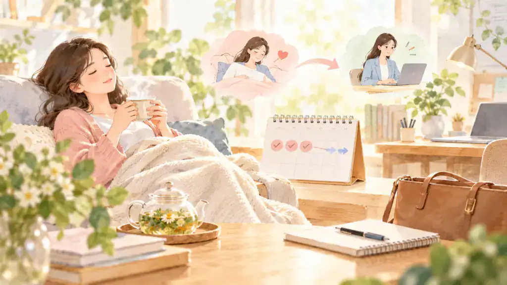 取卵後休息與回到工作安排，呈現居家休養、行事曆與工作桌面的恢復節奏