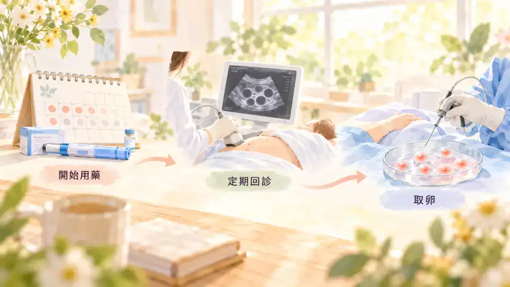 取卵當天安排，包含報到、禁食提醒、取卵流程、術後觀察與冷凍保存
