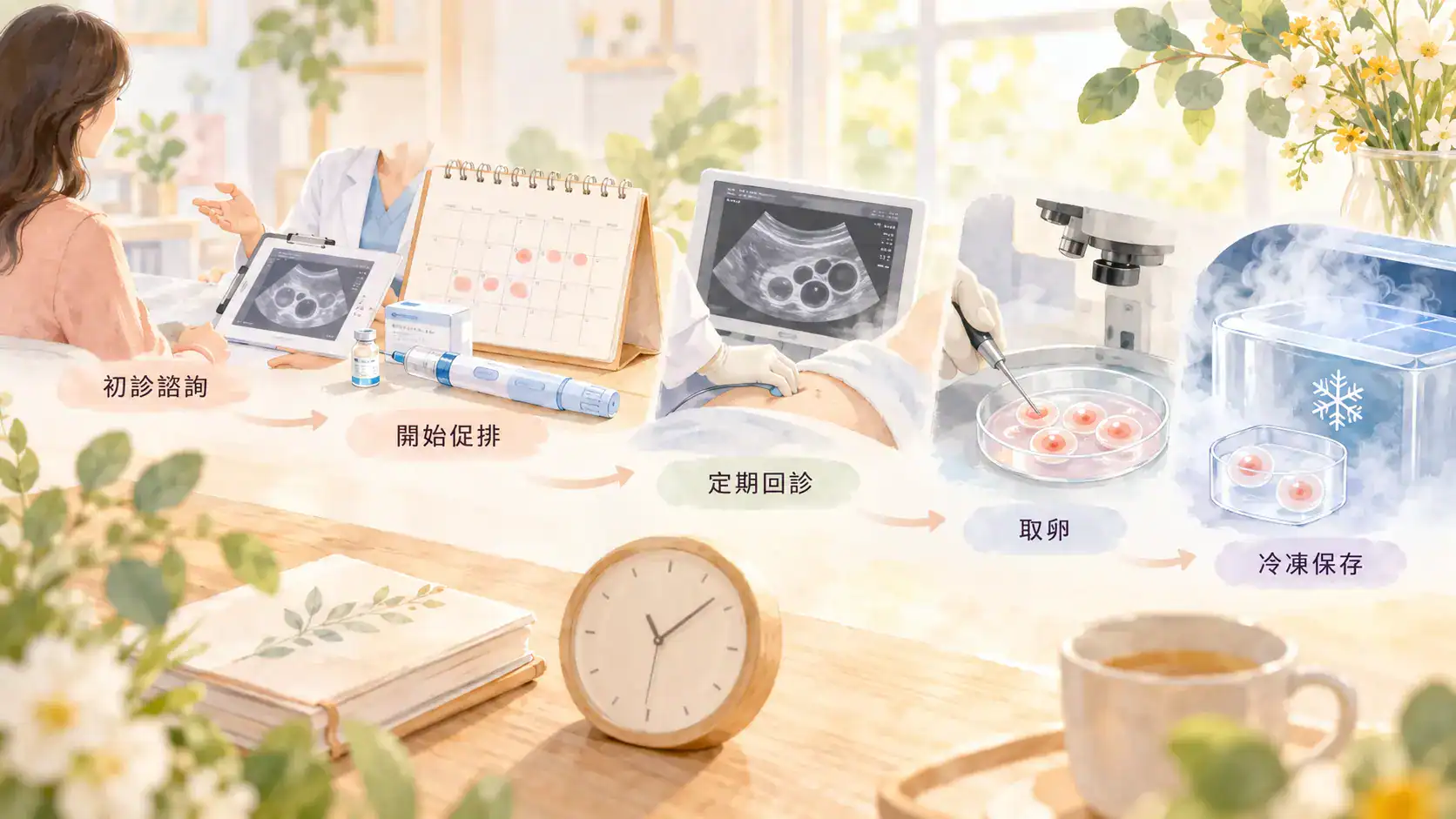 凍卵流程時間表，包含初診諮詢、開始促排、定期回診、取卵與冷凍保存