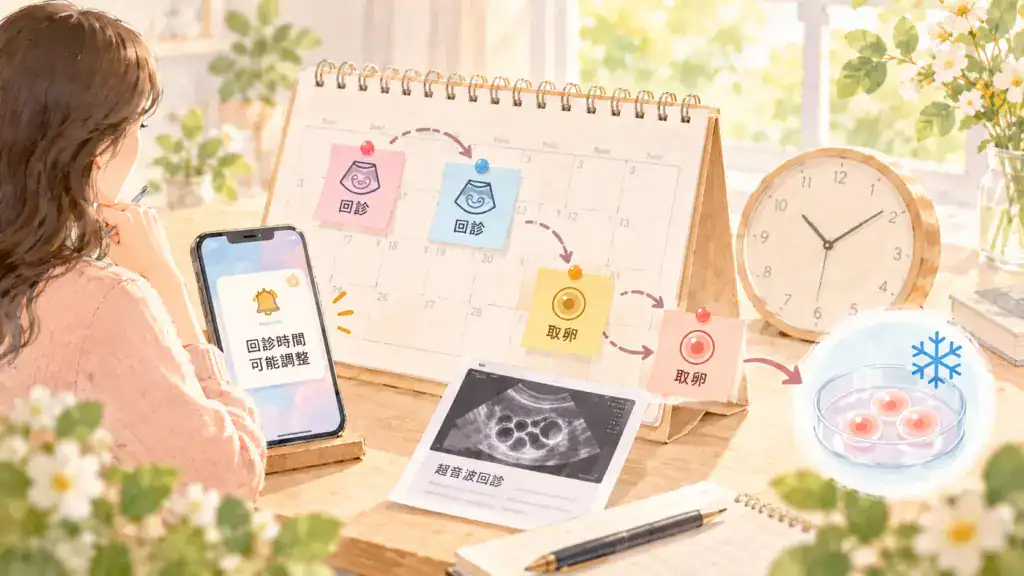 凍卵療程時間安排，呈現回診、取卵、超音波追蹤與冷凍保存流程