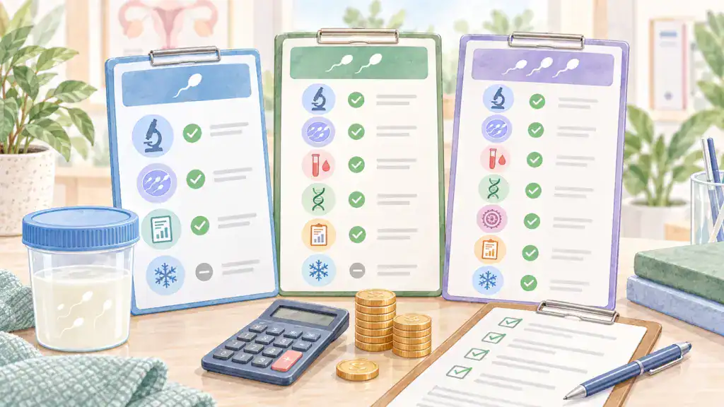 精蟲檢查方案與收費項目比較示意圖,呈現不同檢查內容、費用與項目差異。