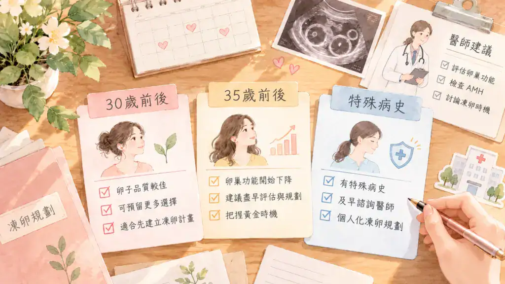 不同年凍卵年齡規劃，包含30歲前後、35歲後與特殊病史的評估重點