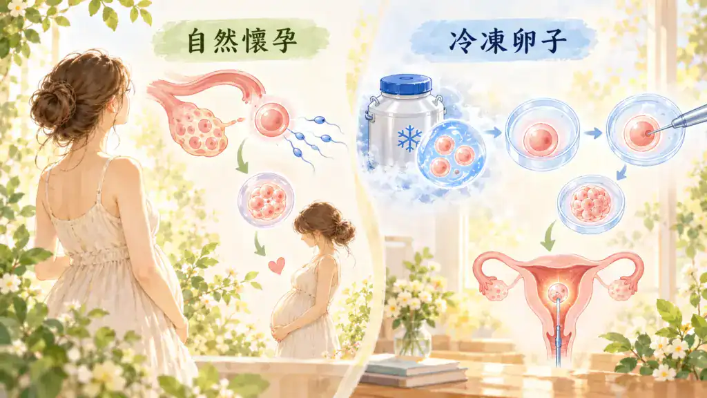 凍卵與冷凍胚胎差異比較,呈現保存階段、使用方式與處置條件的不同