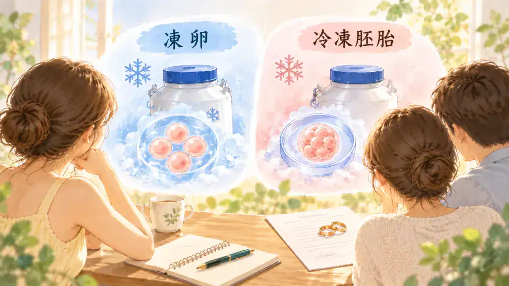 凍卵後依個人年齡、身體狀況與生育規劃選擇合適受孕方式的諮詢情境