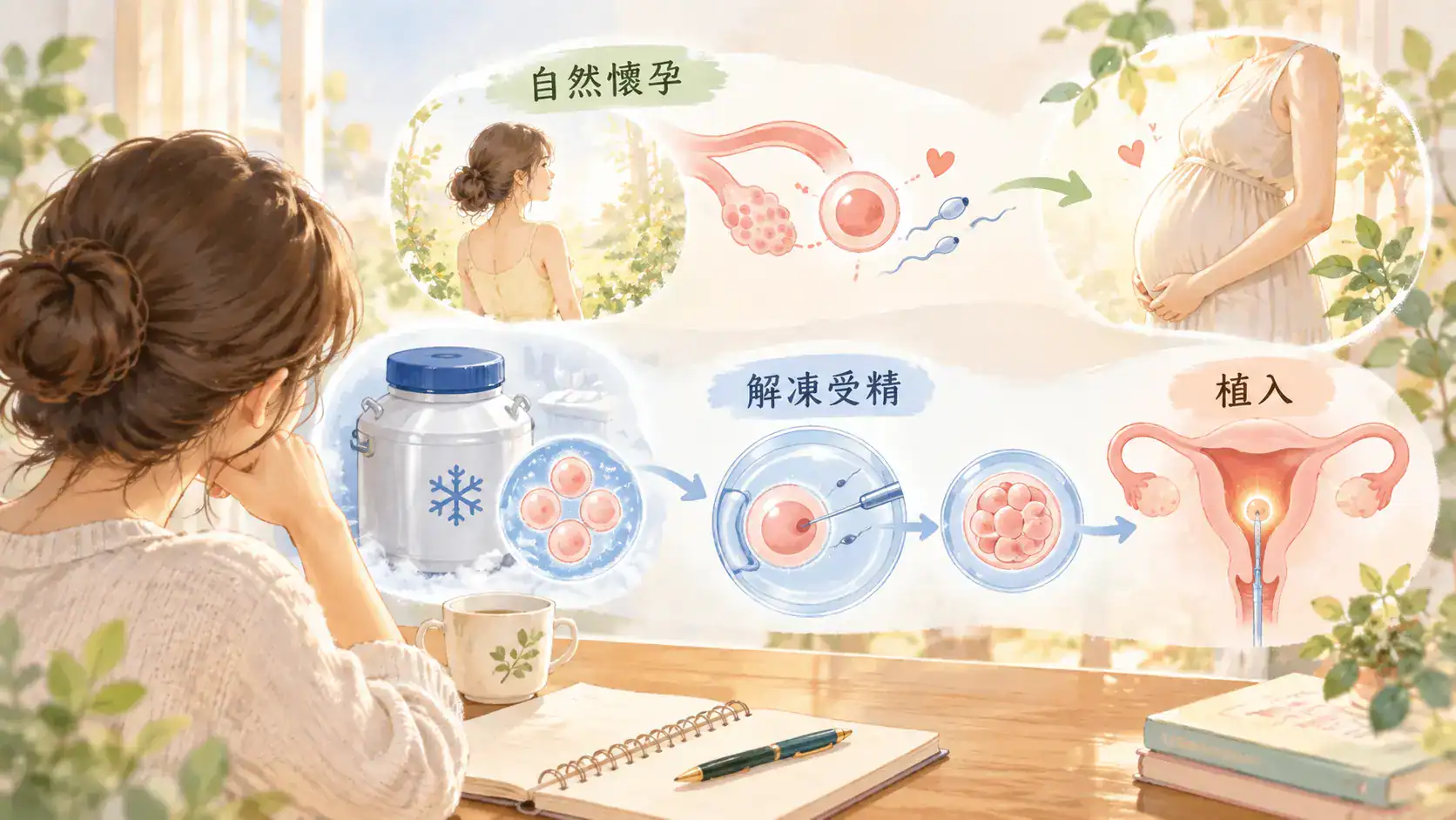 凍卵後懷孕方式整理，呈現自然受孕、冷凍卵子解凍受精與胚胎植入流程